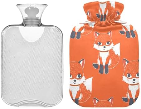Cute Cartoon Fox Orange Hot Water Bottles with Soft Velvet Cover Hot Water Bag for Pain Relief Medium