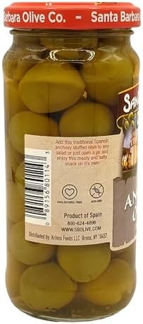 Santa Barbara Green Olives Pitted Anchovy Stuffed, Perfect for Charcuterie Boards, Salads, Pizza, and Pasta, 3 Pack, 5oz (142grams) Each