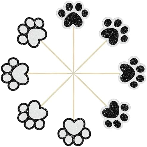 Gyufise 24Pcs Paw Cupcake Toppers Glitter Dog Paw Cake Decorations Black White Glitter Puppy Cupcake Toppers for Baby Shower Boys Girls Birthday Party Cake Supplies