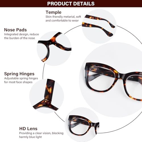 Oversized Reading Glasses for Women Men Trendy Large Frame Blue Light Blocking Readers Eyewear with Spring Hinges
