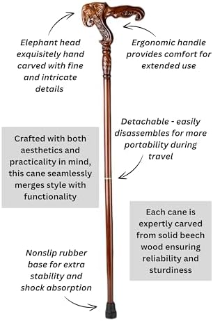 Hand Carved Wooden Walking Cane with Ergonomic Handle and Rubber Tip for Men and Women - Fashionable Unique Walking Stick for Seniors - 37 inch