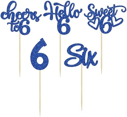 30Pcs 6th Birthday Cupcake Toppers Glitter Six Hello 6 Cupcake Picks Cheers to 6 Years Old Cake Decorations for 6th Birthday Party Supplies Deep Blue
