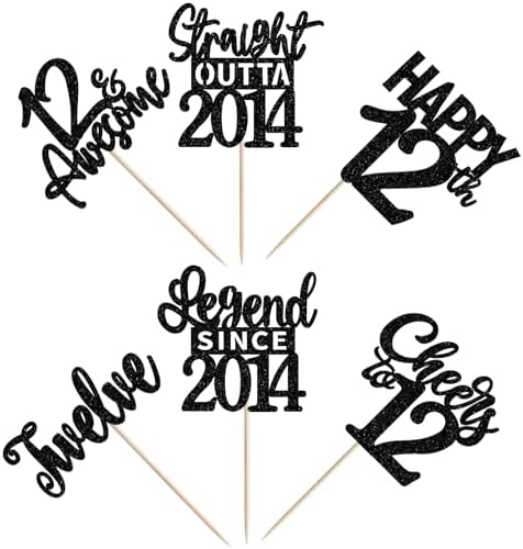 24PCS Black 12th Birthday Cupcake Toppers Twelve Happy 12 Official Teenager Straight Outta 2014 Cupcake Picks Cheers to 12 Lengend Since 2014 Cake Decorations for 12th Birthday Party Supplies
