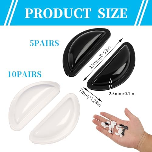 15 Pair Eyeglass Nose Pads, Soft Silicone Nose Pads for Glasses, D-Shaped Anti-Slip 10 Clear and 5 Black, 2.5mm Heightened Air Cushion, Sticky Backing for Sunglasses (10White&5Black)