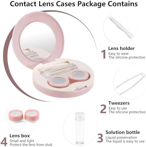 2 Pack Travel Contact Lens Case Kit, Portable Eye Contact Case with Mirror, Remover Tool, Tweezers & Solution Bottle, Lens Holder Box Container Storage for Outdoor Daily (Round, Pink)