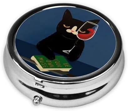 Metal Silver 3 Compartment Pill Box Pocket Portable Mini Travel Pill Case Small Round Decorative Medicine Box Vitamin Pill Organizer with Red Wine Black Cat