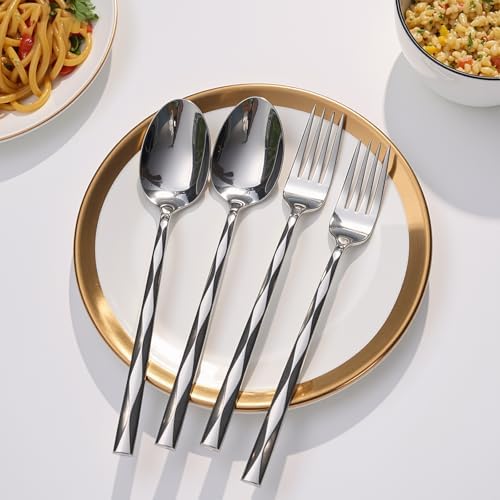 12-Piece Stainless Steel Spoon and Fork Set for Everyday Home Use, Diamond Cut Mirror Polished Heavy Duty Dinnerware, 6x8" Large Forks & Spoons, Dishwasher Safe Flatware Set for Kitchen Restaurant