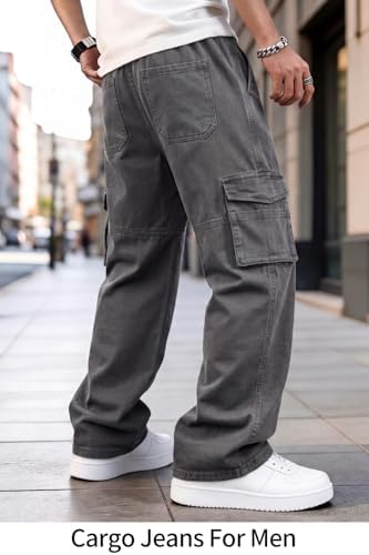 Heyfanee Mens Baggy Cargo Jeans Wide Leg Y2K Elastic Waist Denim Pants for Men with Drawstring Streetwear