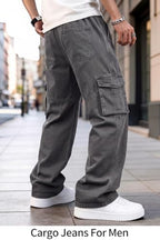 Heyfanee Mens Baggy Cargo Jeans Wide Leg Y2K Elastic Waist Denim Pants for Men with Drawstring Streetwear
