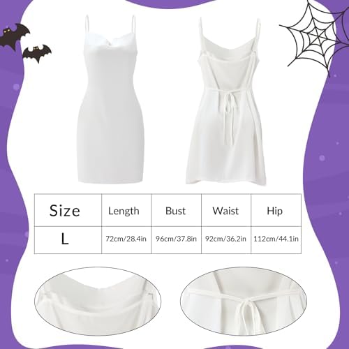 Maiteenly 4 Pcs Angel Costume Women Adult, White Angel Headband and Wings Satin Sleeveless Dress Gloves for Halloween Party
