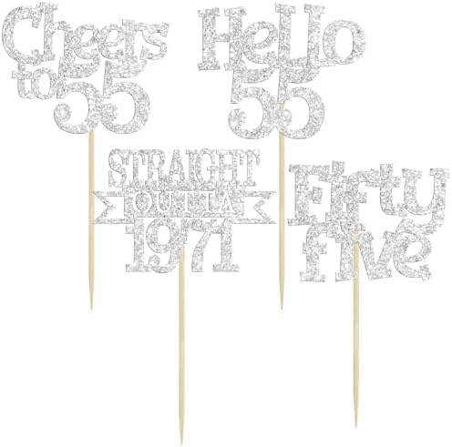 Ephlyn 24Pcs 55th Birthday Cupcake Toppers Glitter Straight Outta 1971 Cupcake Picks Hello 55 Cheers to 55 Years Cake Decorations for 55th Birthday Anniversary Party Decorations Supplies Silver