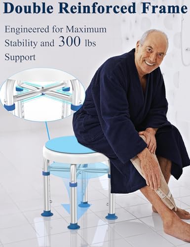 Swivel Shower Stool for Inside Shower, 360° Rotating Shower Seat with Heavy-Duty Support Up to 300lb, Adjustable & Non-Slip Chair for Senior Elderly Disabled Pregnant