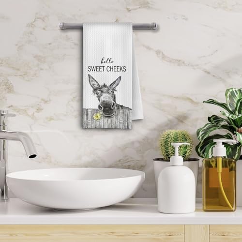 Funny Donkey Hand Towels - Hello Sweet Cheeks Donkey Waffle Decorative Bathroom Towels, Farmhouse Hand Tea Towels for Bathroom, 16x24 Inch