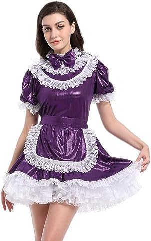 JOLINE Shiny Metallic Satin Bow Maidservant Sissy French Maid Dress Costume Crossdress Nightwear