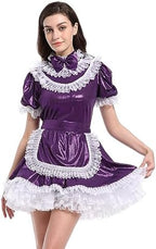 JOLINE Shiny Metallic Satin Bow Maidservant Sissy French Maid Dress Costume Crossdress Nightwear