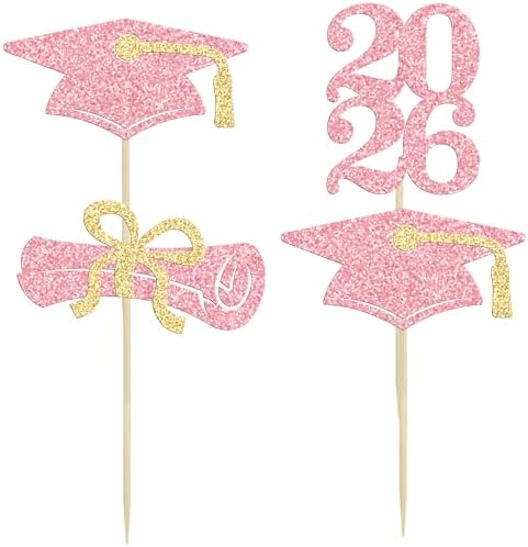 Ephlyn 24Pcs Graduation Cupcake Toppers Glitter Graduation 2026 Diploma Grad Cap Cake Topper Decorations for 2026 Grad Theme Party Cake Decoration Supplies Pink Gold
