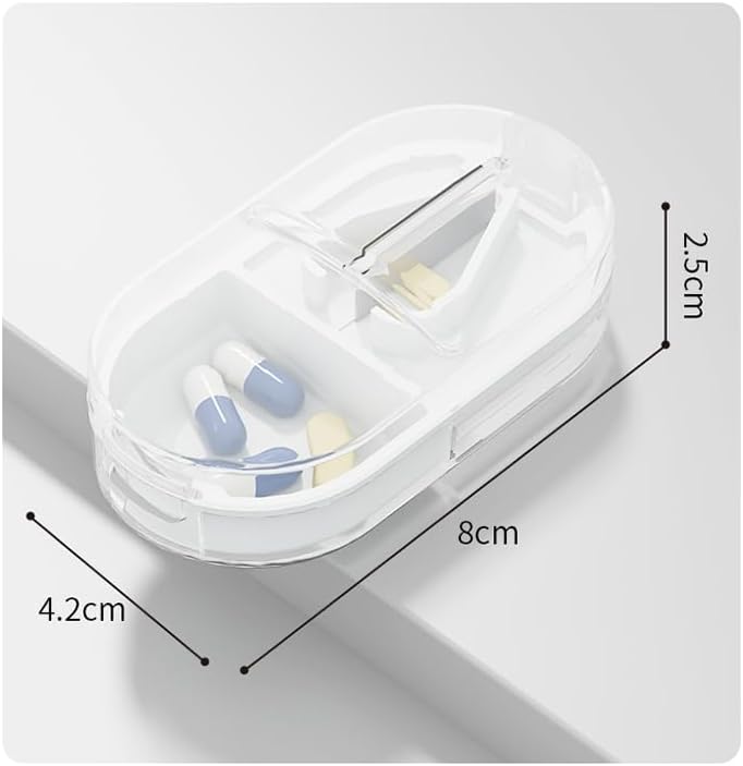 Daily Pill Organizer Splitter, Small Pill Box Container, Cut Pills in 1/2, 1/4 with 2 Compartment Vitamin Tablet Case Dispenser for Medicine, Medication, Fish Oil, Supplement, Capsule, Clear