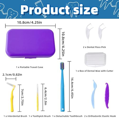 6-in-1 Orthodontic Oral Care Kit with Case – Detachable Toothbrush, Interdental Brush, Dental Floss Pick, Toothpick Brush, Dental Wax with Cutter, Elastic Hook Set for Braces Daily Travel Use (Purple)