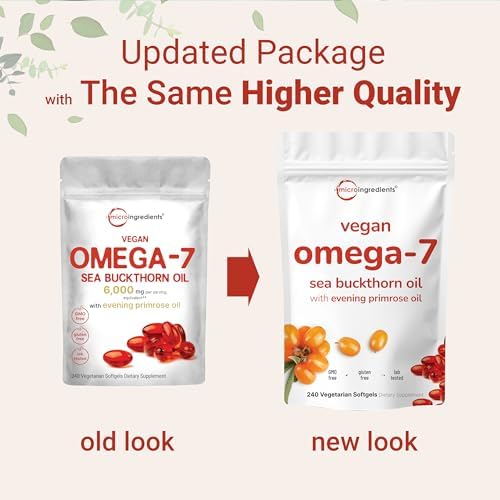 Vegan Omega-7 Sea Buckthorn Oil, 240 Vegetarian Softgels | 2-in-1 with Evening Primrose Oil | Plant Based Botanical Oil Blend | Non-GMO, Gluten, & Carrageenan Free