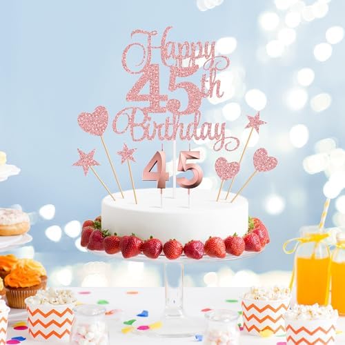 45th Birthday Cake Decorations, 45th Birthday Candles Cake Numeral Candles and Glitter Happy 45th Birthday Cake Toppers Set for Birthday Party Supplies (Rose Gold)
