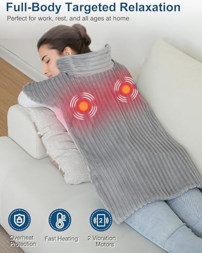 Dowin Massaging Heating Pad for Neck and Shoulders,Wearable Heating Pads for Back Pain Relief,Auto-Shut Off, 2 Heat Settings Heating Pad Wrap with Massager,Machine Washable,24 x35inch Grey