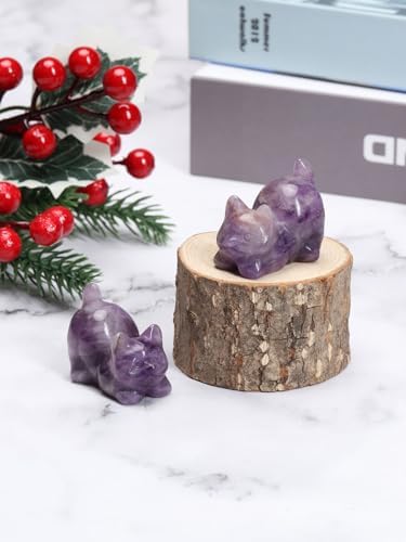 CrystalTears Amethyst Crystal Cat Figurine Carved Healing Crystals Gemstones Cat Animal Statue Cute Cat Ornament for Home Desk Decor Good Luck Cat Gifts for Women Men Christmas 1.6”