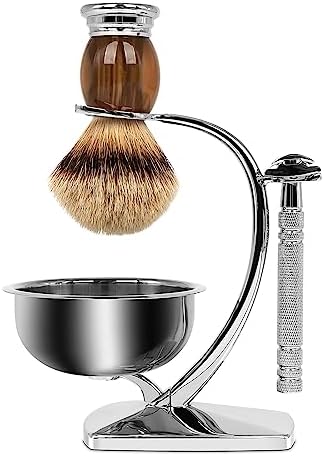 Linkidea Universal Safety Razor Brush Stand with Shaving Bowl, Men's Stainless Steel Grooming Holder and Soap Bowl for Bathroom, Compatible with Gillette Vector 3 (Silver)