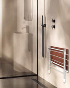 Foldable 21.5" Teak Wood Shower Seat Bench with Supporting Legs, 400lb Capacity, Clear Coated for Extra Protection, Folding Wall Mount Modern Chrome, Sturdy Medical Fold Up Bathroom Stool Chair