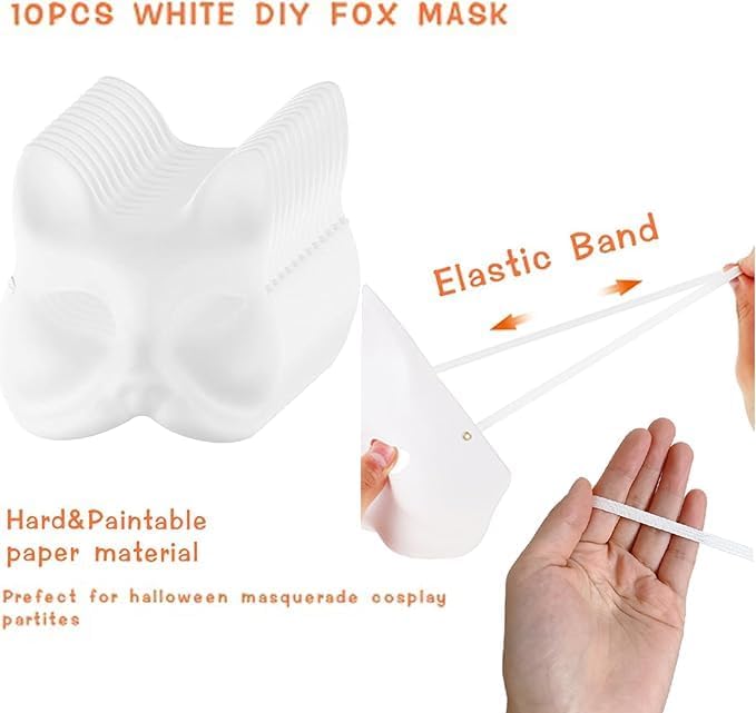 10Pcs Therian Mask - White Cat & Fox for DIY Crafts, Halloween & Party, Paintable Blank Animal Dress Up