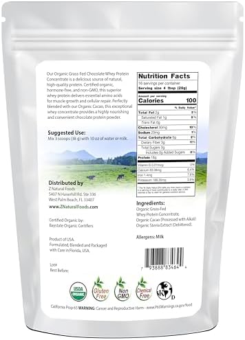 Organic Chocolate Whey Protein Powder Concentrate - Grass Fed & Raised in USA - Non GMO, Gluten Free & Undenatured - No Sugar Added, Sweetened With Stevia - No Hormones or Antibiotics - 1 lbs