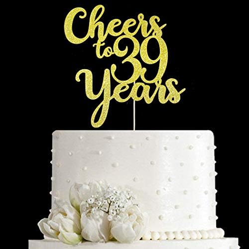 Cheers to 39 Years Cake Topper - 39th Birthday/Anniversary Party Decorations - Double-faced Gold Glitter