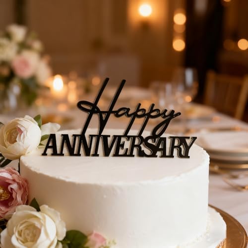 Happy Anniversary Topper, Black Acrylic Party Cake Side Decoration, Company Anniversary Sign Decoration Cake Charm for Valentine's Day Wedding Party Supplies (Black)