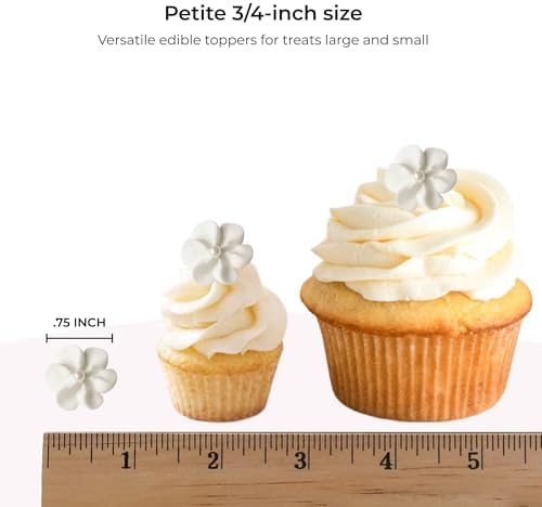 Mini Edible Royal Icing Flowers (36 Count), Petite Edible Flower Cake Decorations, Edible Flowers for Cupcakes, Flowers with Pearl Sprinkles for Cakes & Cupcakes, by Global Sugar Art (White, 36 Count)