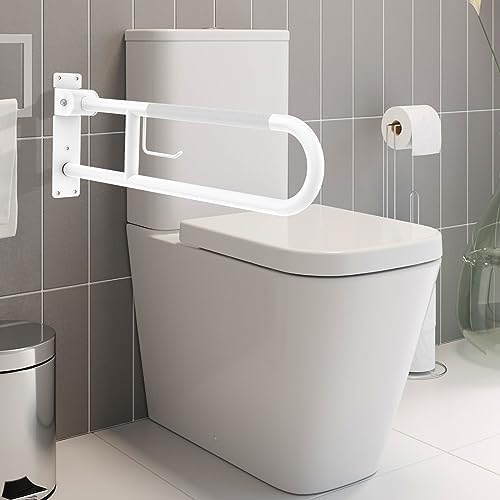 Toilet Grab Bar 30.3 Inch, YuanDe White Anti-Slip Support Rail, U Shaped Flip-Up Grab Bar with Paper Holder, Stainless Steel Knurled Handicap Safety Handrails for Disabled Elderly Pregnant