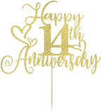golden Glitter Happy 14th Anniversary Cake Toppers-Wedding Anniversary Party Decorations,gold Wedding Party，Birthday Party Decorations,Company Anniversary Party/14th Birthday Party Decorations (14th)