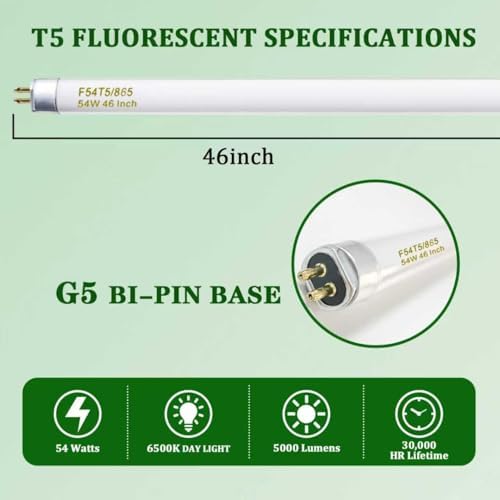Konideke F54T5/865/HO 54 Watt 46 Inch T5 Fluorescent Tube Light Bulb, T5 54W Grow Light, 6500K Daylight, 5000 Lumens, High Output, G5 Bi-Pin Base, 12 Pack
