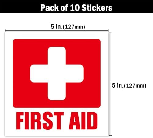 First Aid Kit Sign Sticker, 10 Pack Self Adhesive First Aid Decal Emergency for Medical Cross Emergency Box Hospital Ambulance, 5 x 5 Inches Vinyl Waterproof.