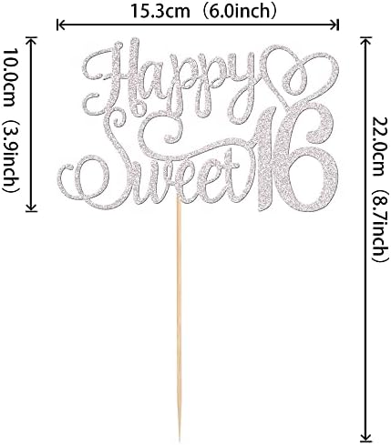 1 PCS Happy Sweet 16 Cake Topper Glitter 16th Birthday Cake Pick Cheers to 16 Years Sweet 16 Cake Decoration for Happy 16th Anniversary Party Decorations Supplies Silver