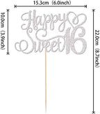 1 PCS Happy Sweet 16 Cake Topper Glitter 16th Birthday Cake Pick Cheers to 16 Years Sweet 16 Cake Decoration for Happy 16th Anniversary Party Decorations Supplies Silver