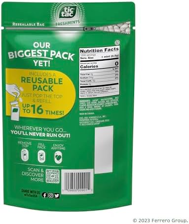 Tic Tac Bulk Freshmints Refill Bag, On-the-Go Pocket-Sized Breath Mints, Includes Empty Refillable Pack, 17.2 oz