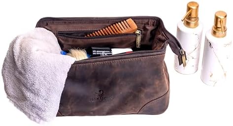 Leather Toiletry Bag – Where Elegance Meets Everyday Utility, Grooming Travel Pouch, Shaving Kit Toiletries, Leather Makeup Bag with Water resistant Lining, Men & Women (DARK BROWN)