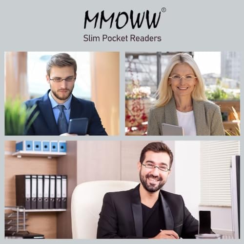 MMOWW Small Reading Glasses Men Women 3 Pairs Slim Pocket Readers with Pen Clip Metal Case Spring Hinge (Yellow+Orange+Green,+2.5)