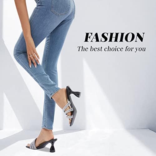 Women's Rhinestone Square Heeled Sandals Slip On Peep Toe Chunky Block Kitten High Heels Mules Slippers Slides Fashion Wedding Dress Backless Pump Shoes