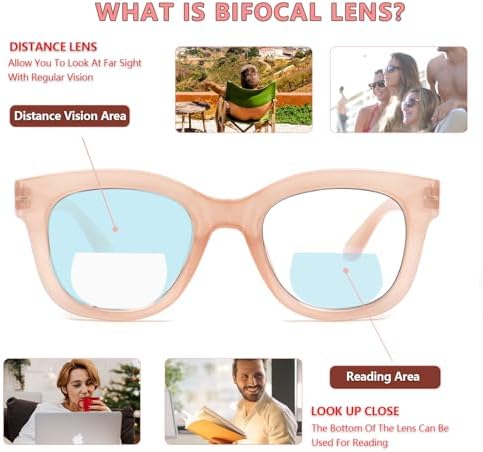 Henotin 4 Pack Bifocal Reading Glasses include Sun Readers for Women Oprah Style Square Blue Light Blocking Eyeglasses