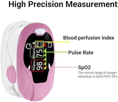 Kids Fingertip Pulse Oximeter for Children Age 2+, Blood Oxygen Saturation Monitor SpO2 & Pulse Rate, Fast Reading with Memory Function, Adjustable Brightness, Batteries Included, Pink