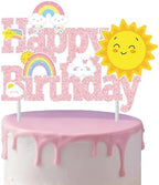 Rainbow Birthday Party Cake Topper Rainbow Birthday Decoration Pink Rainbows Happy Birthday Cake Topper for Girls Cloud Sun Star Theme Party Weather Theme Baby Shower Supplies