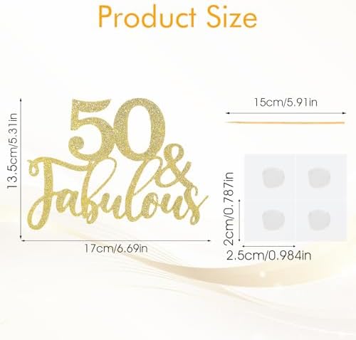 50th Birthday Cake Topper Golden Glitter 50 & Fabulous Cake Topper Fifty and Fabulous Cake Topper Cardboard Cake Decoration for 50th Birthday Cake Topper for Birthday Wedding Anniversary