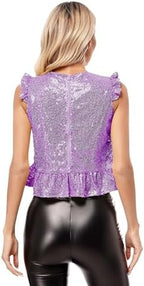 Womens Sequins Sparkly Mermaid Top Short Fly Sleeves Ruffle Peplum Top Tank Camisole
