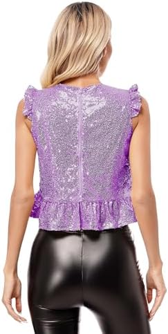 Womens Sequins Sparkly Mermaid Top Short Fly Sleeves Ruffle Peplum Top Tank Camisole