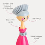 Vigar Dolls Dish Brush with Ergonomic Handle and Dress-Shaped Brush Holder, Dish Brush with Handle for Kitchen Dishes and Sink Cleaning, Pink, Gray